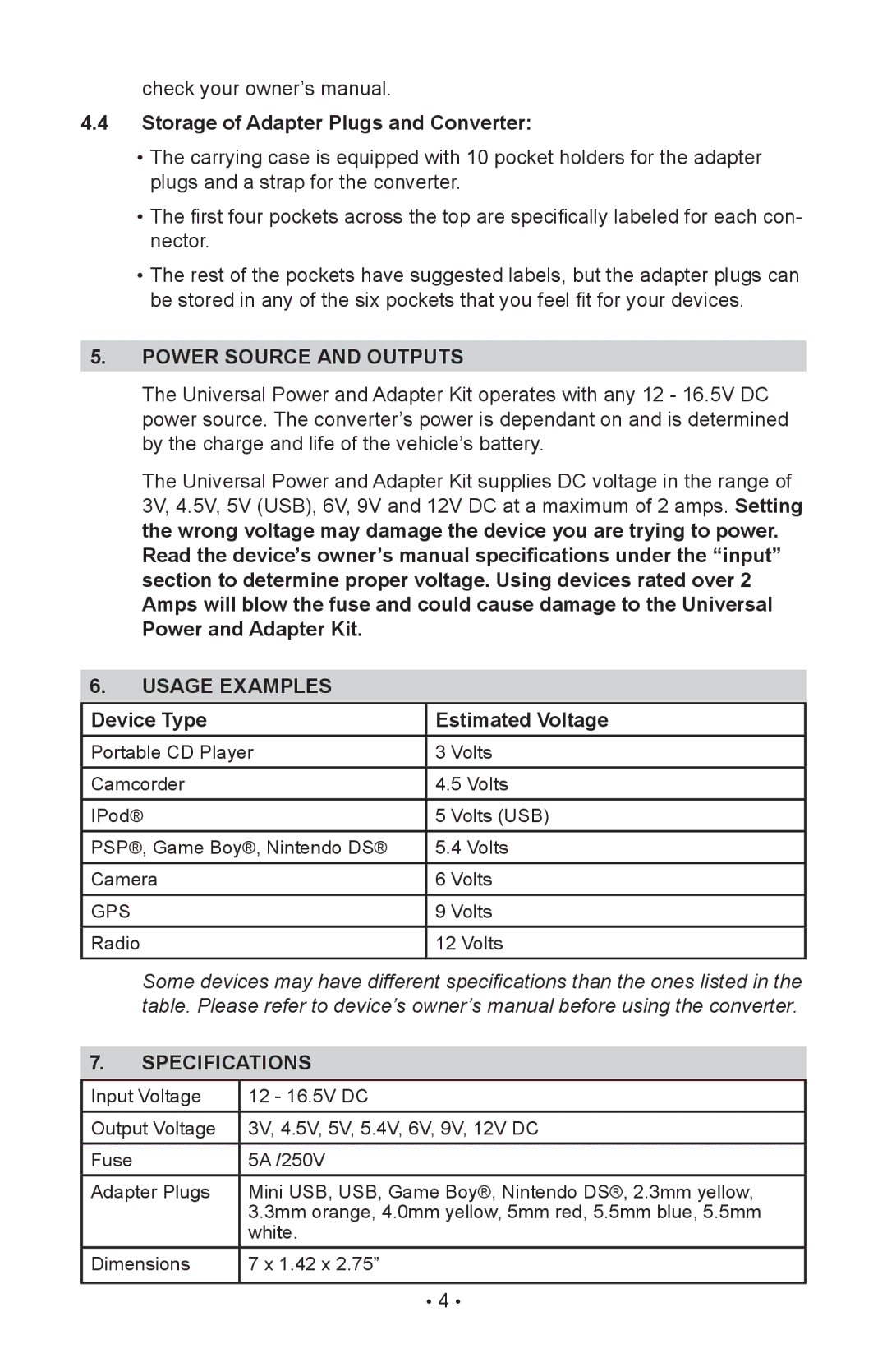 Sears 200.71521 operating instructions Storage of Adapter Plugs and Converter, Power source and outputs, Specifications 