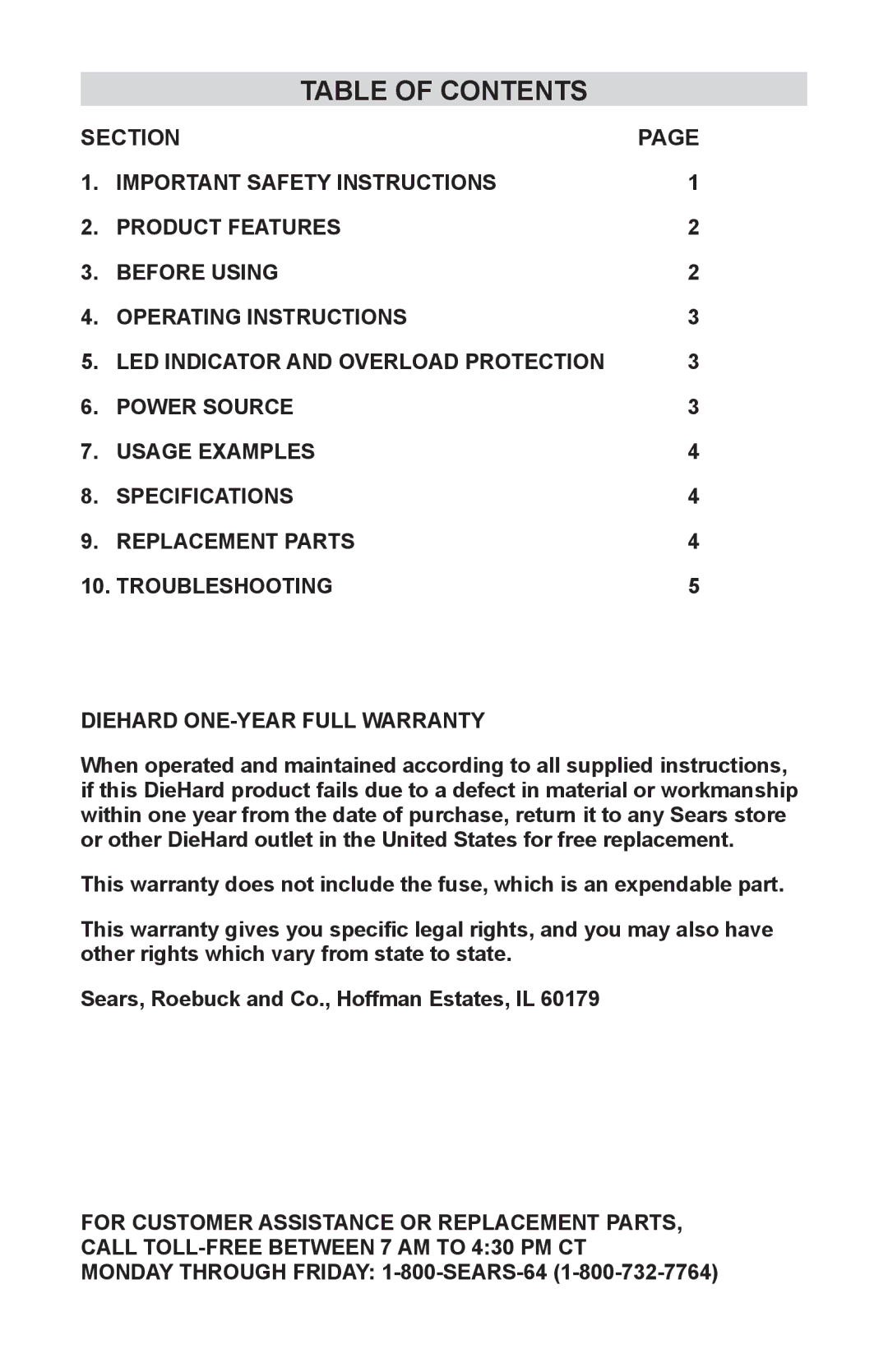 Sears 200.71522 operating instructions Table of Contents 