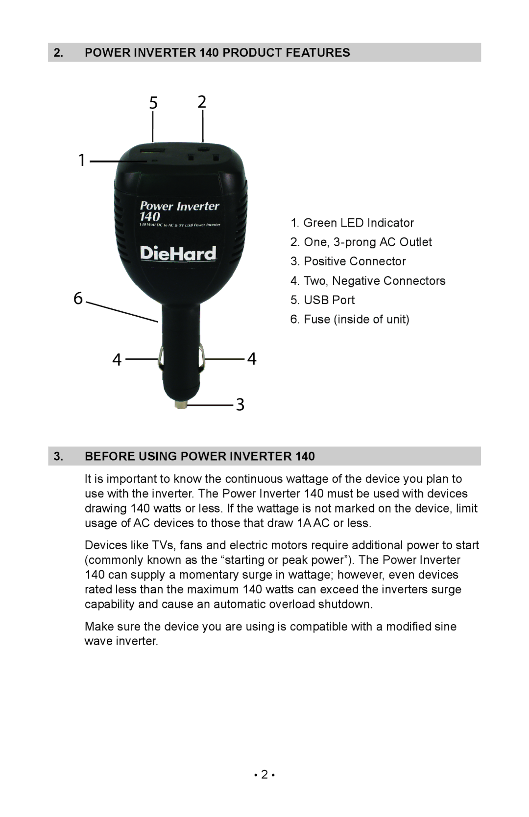 Sears 200.71522 operating instructions Power inverter 140 product features, Before using power inverter 