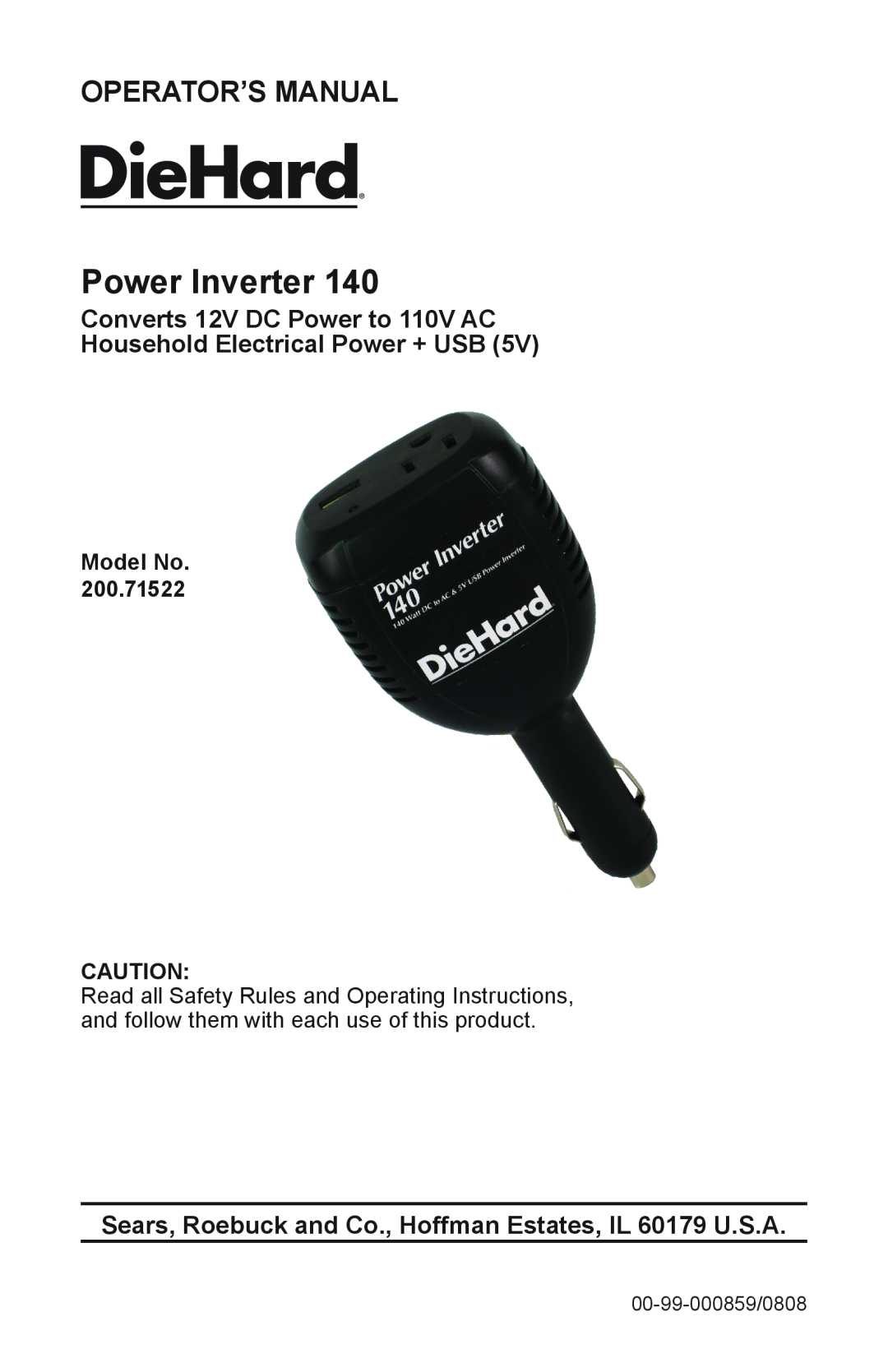 Sears 200.71522 operating instructions Converts 12V DC Power to 110V AC Household Electrical Power + USB, Power Inverter 
