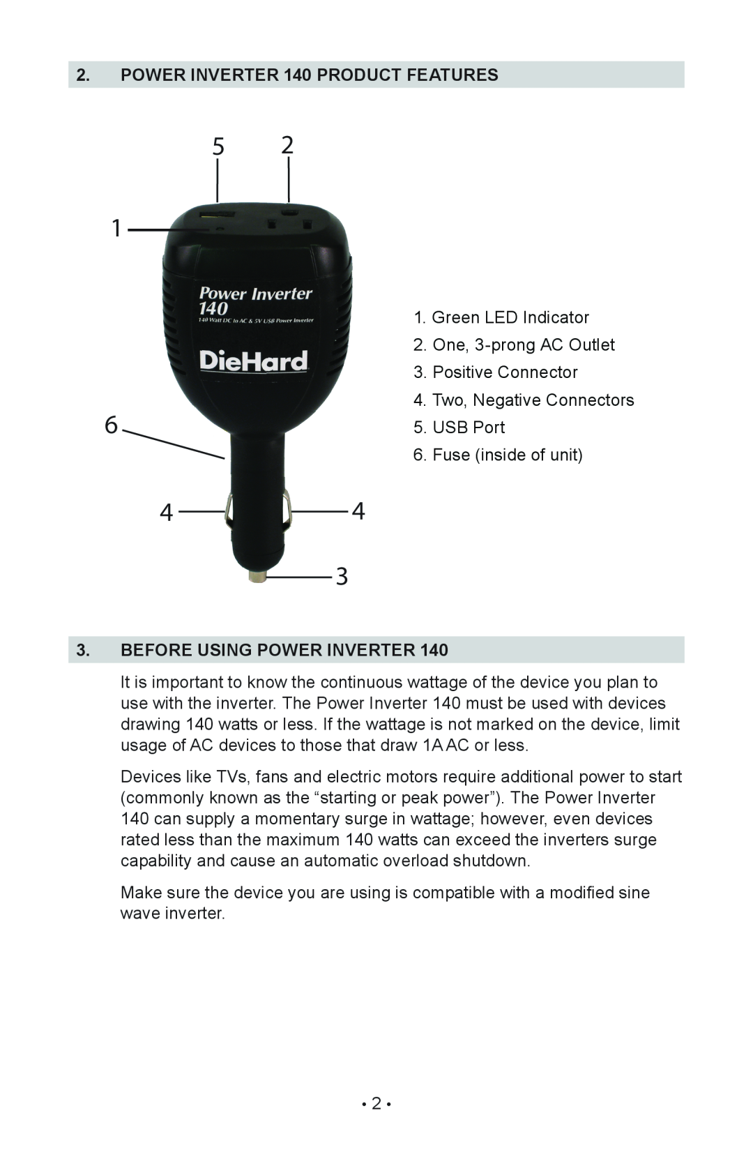 Sears 200.71522 operating instructions power inverter 140 product features, before using power inverter 