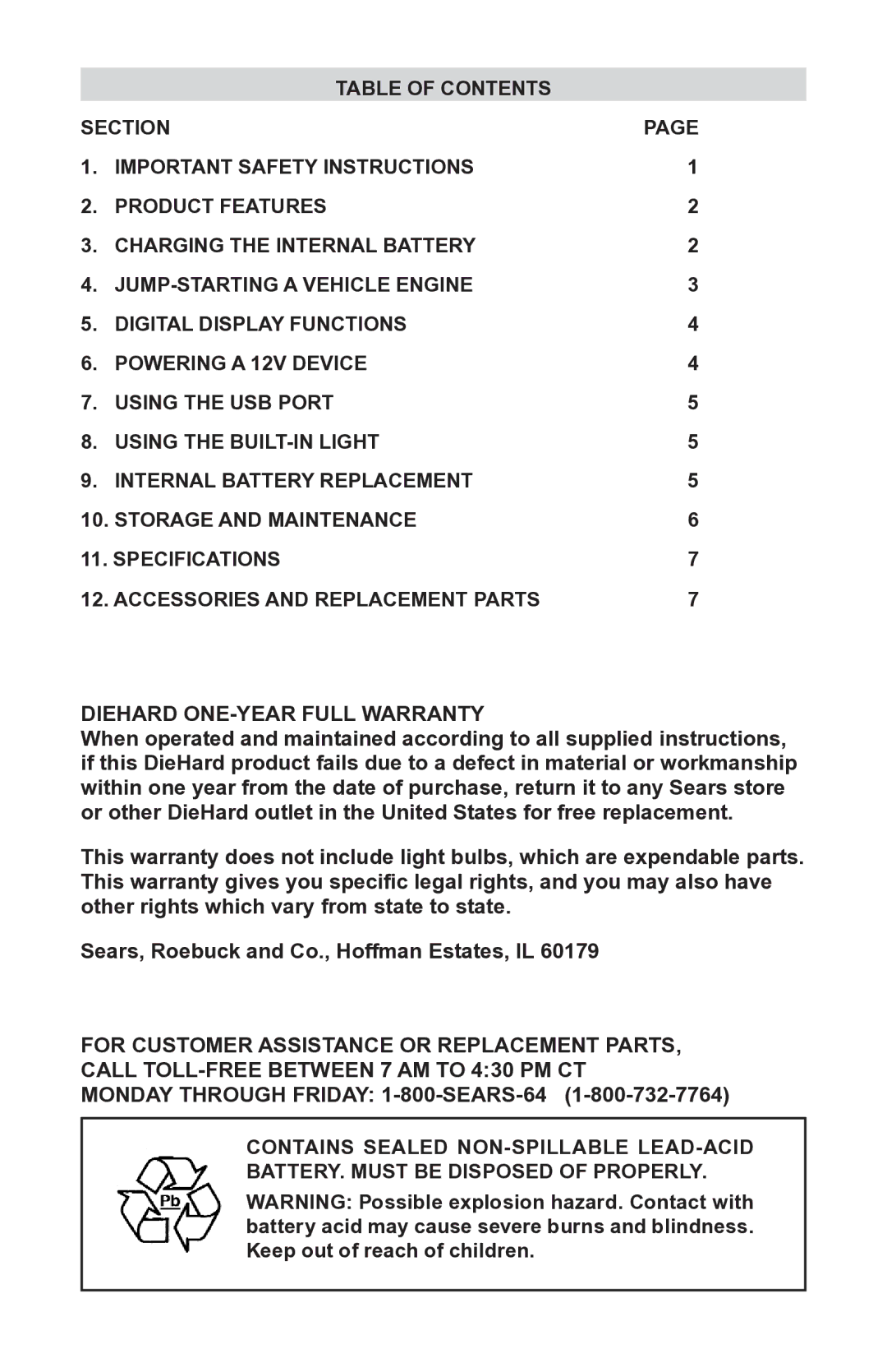 Sears 200.71987 manual Table of Contents, Product features 