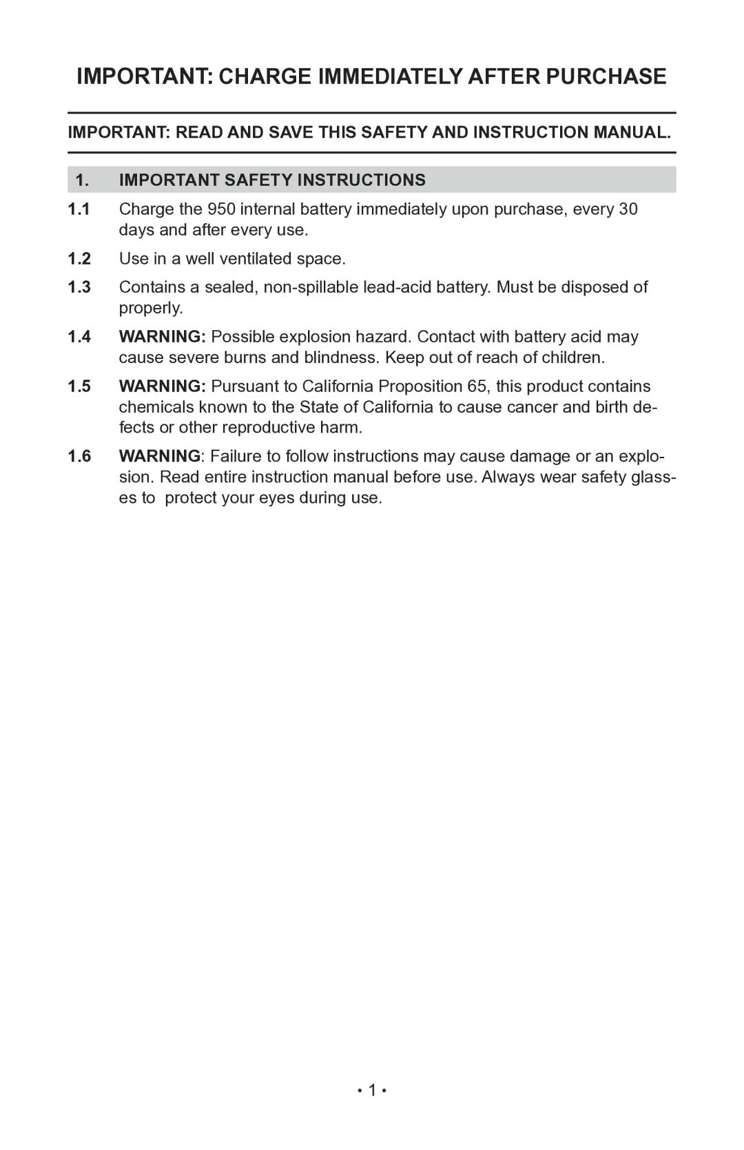 Sears 200.71987 manual Important Charge Immediately After Purchase 