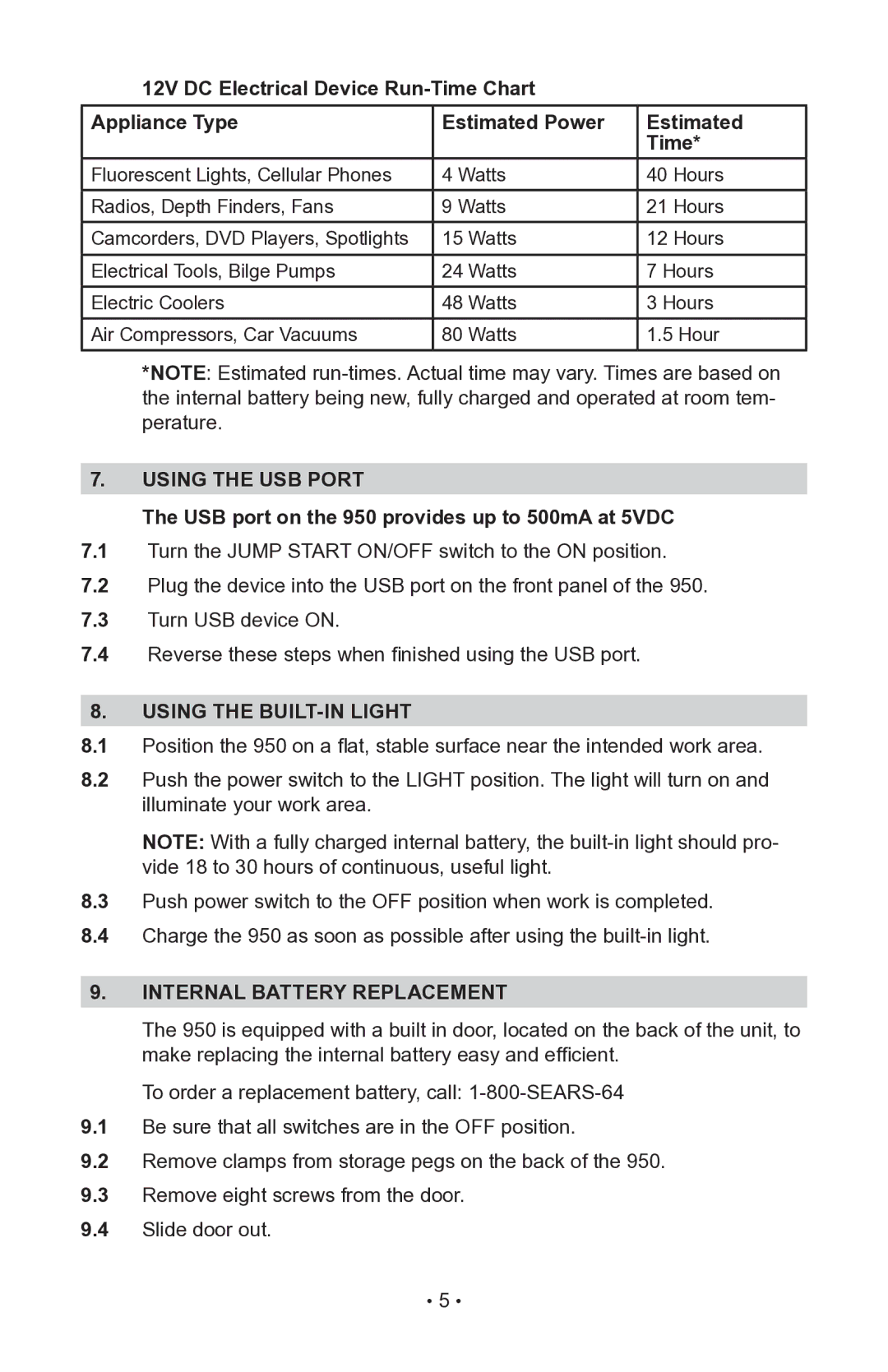 Sears 200.71987 manual Using the built-in light, Internal battery replacement 