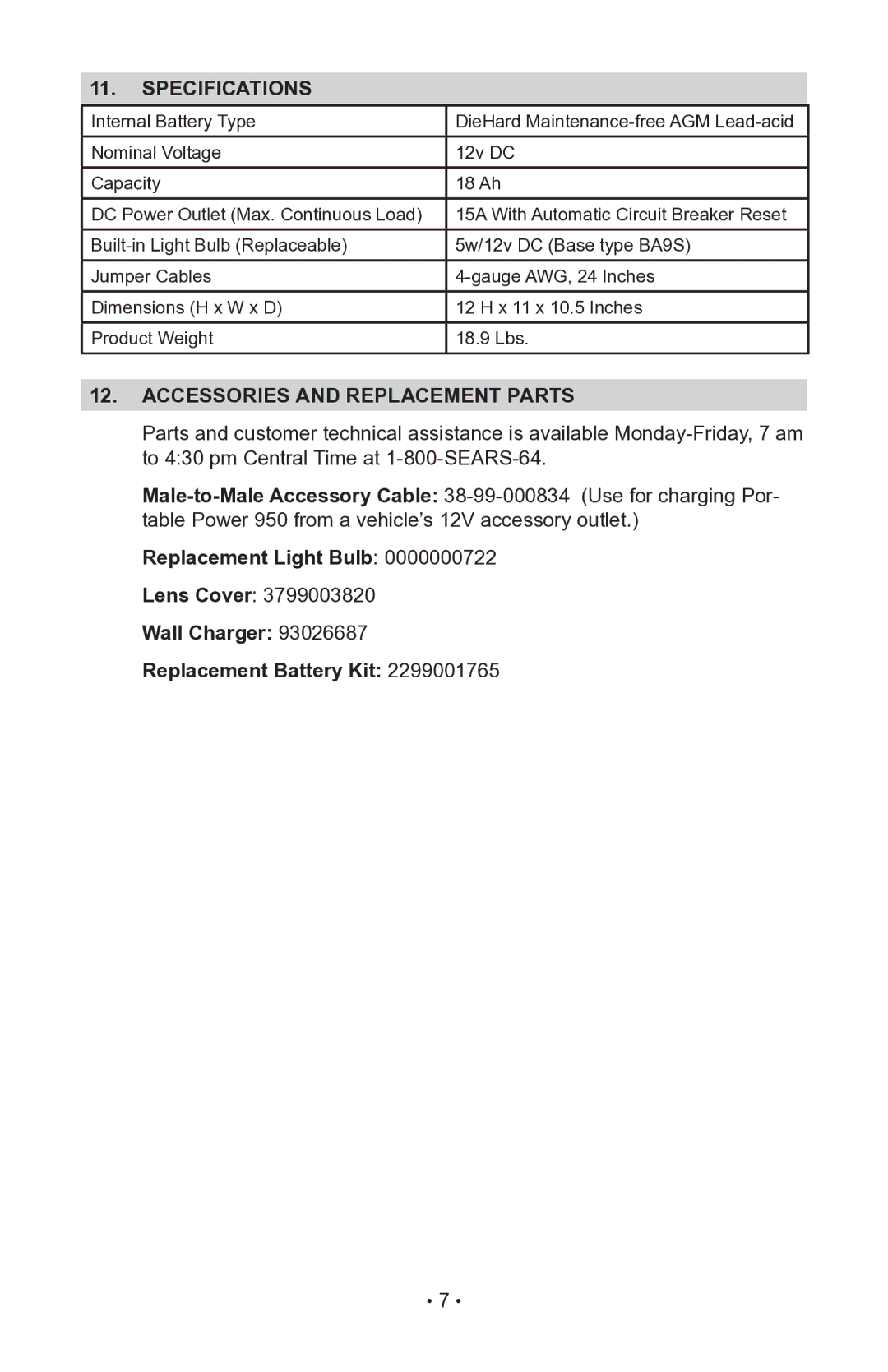 Sears 200.71987 manual Specifications, Accessories and replacement parts, Replacement Light Bulb 