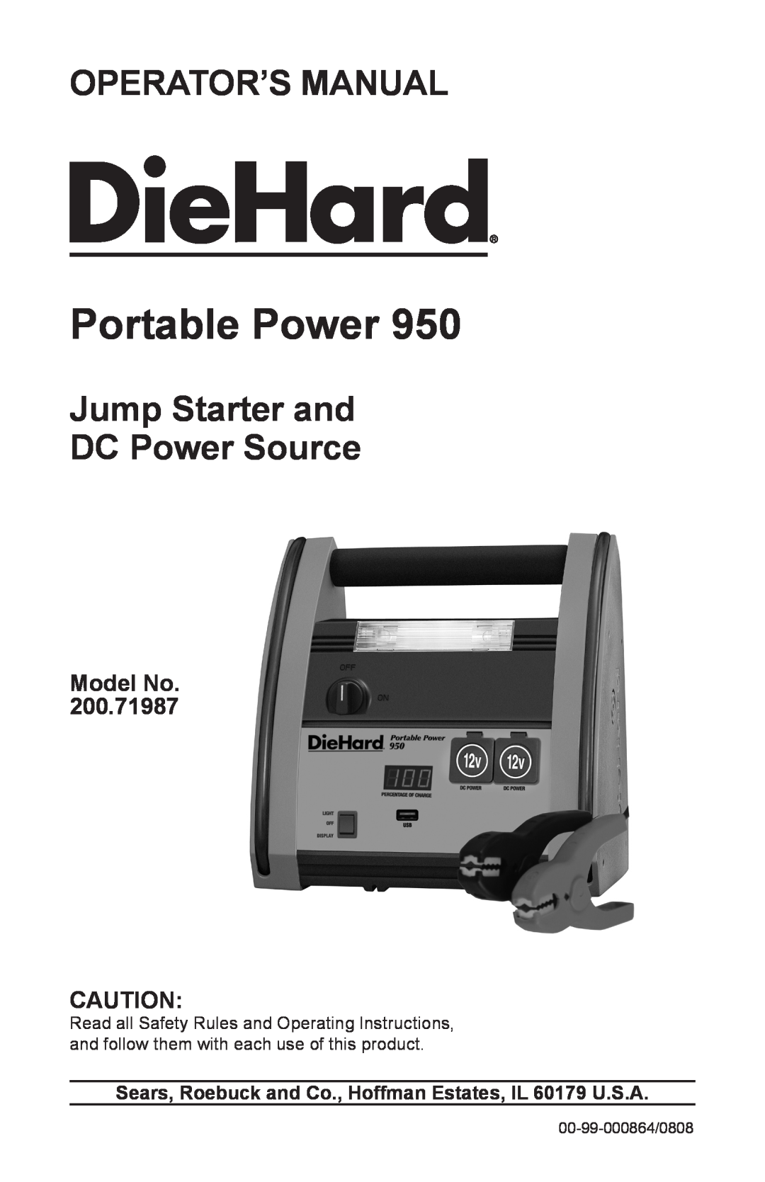 Sears 200.71987 manual Portable Power, Operator’S Manual, Jump Starter and DC Power Source, Model No 