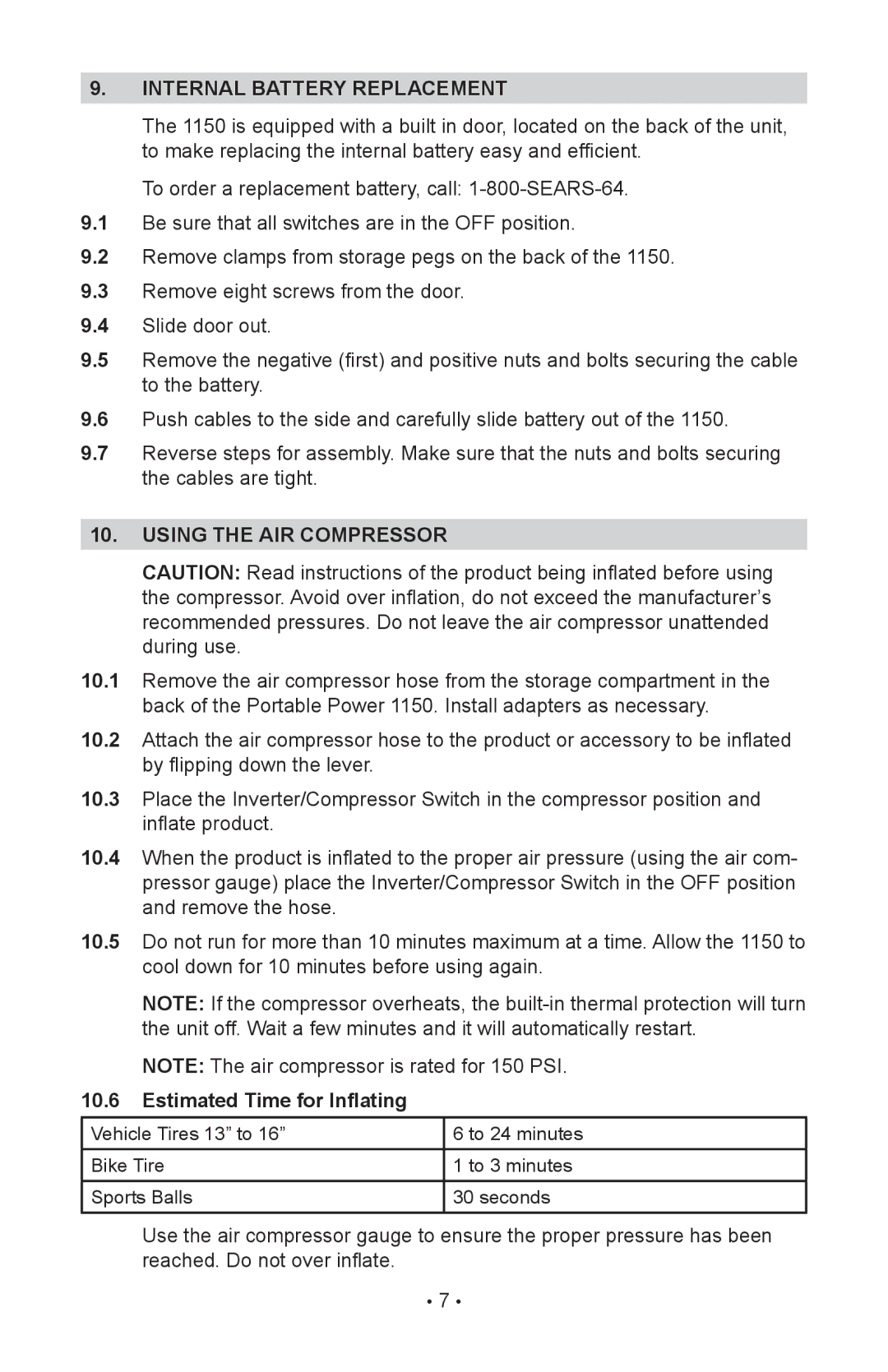 Sears 200.71988 manual Internal battery replacement, Using the air compressor, Estimated Time for Inflating 