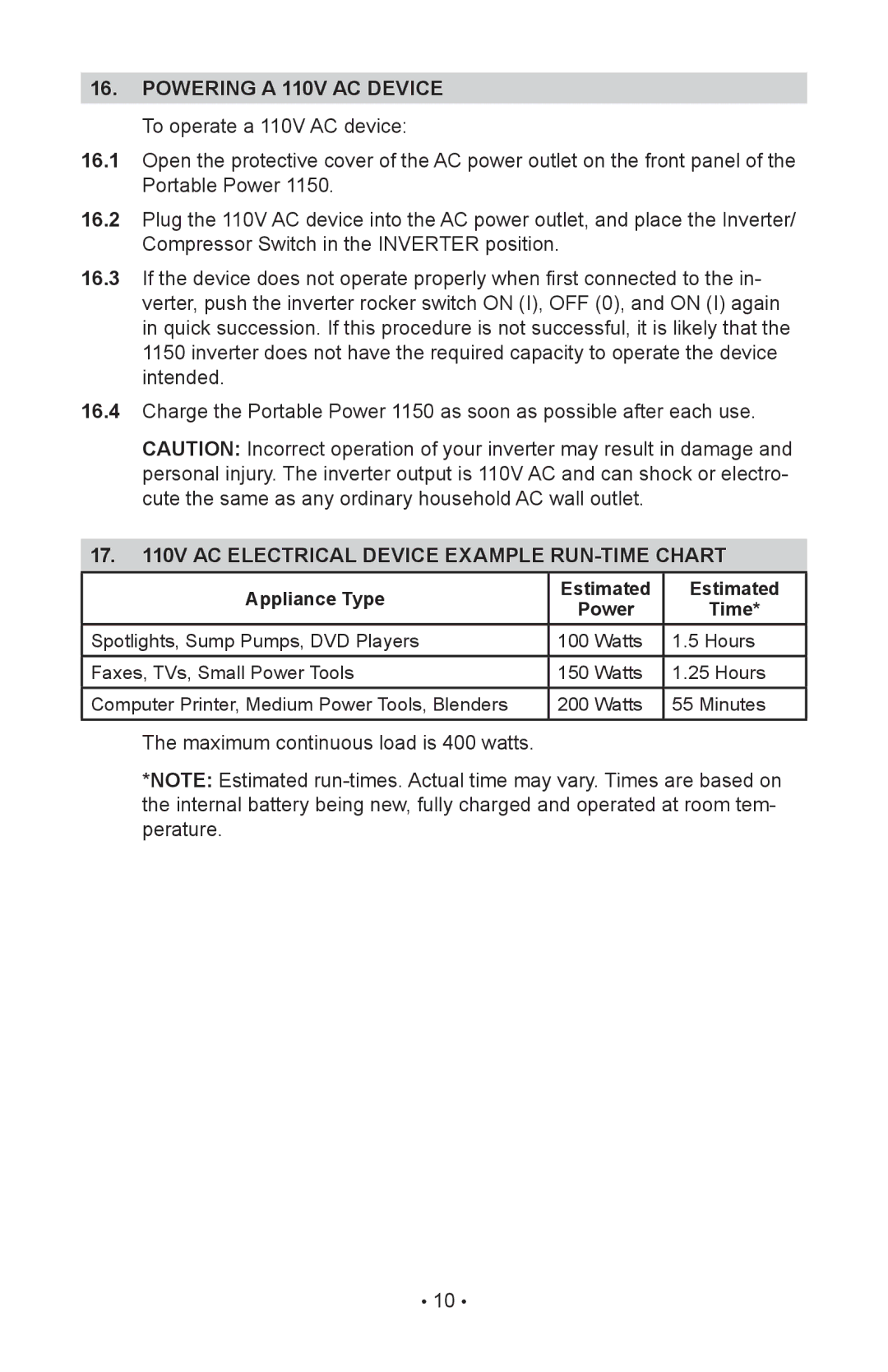 Sears 200.71988 manual Powering a 110v ac device, Ac electrical device example run-time chart 