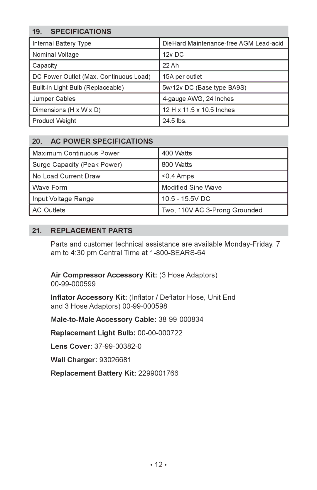 Sears 200.71988 Specifications, Ac power specifications, Replacement parts, Air Compressor Accessory Kit 3 Hose Adaptors 