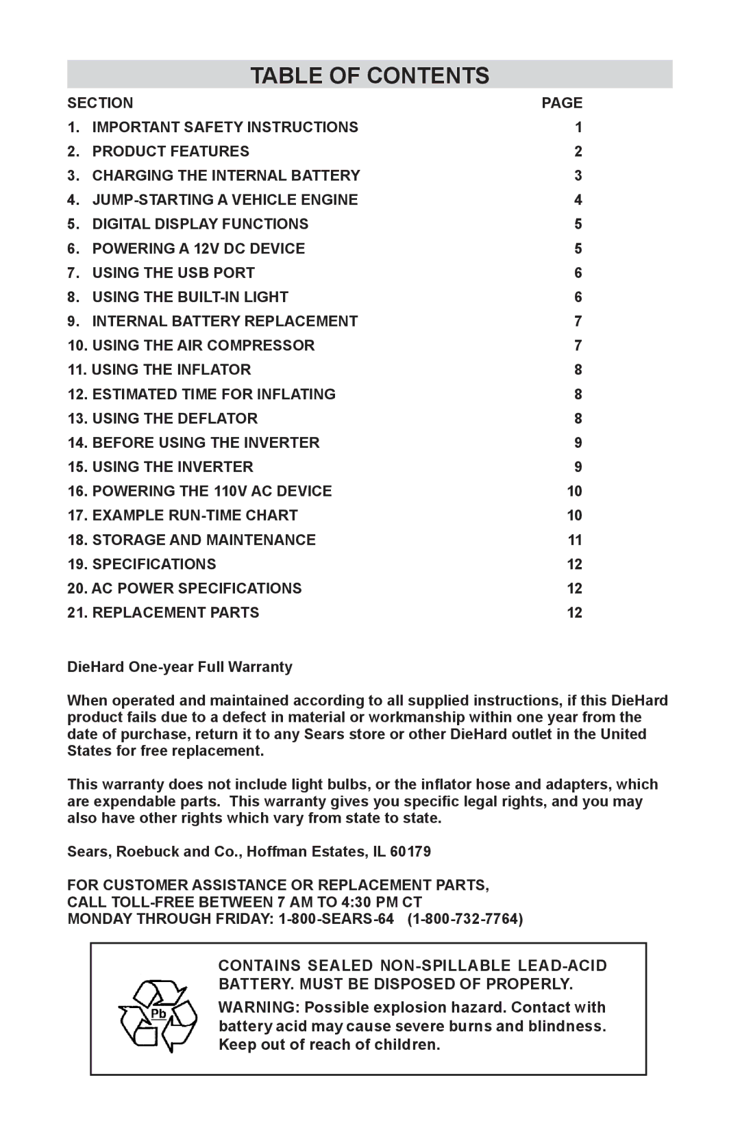 Sears 200.71988 manual Table of Contents 