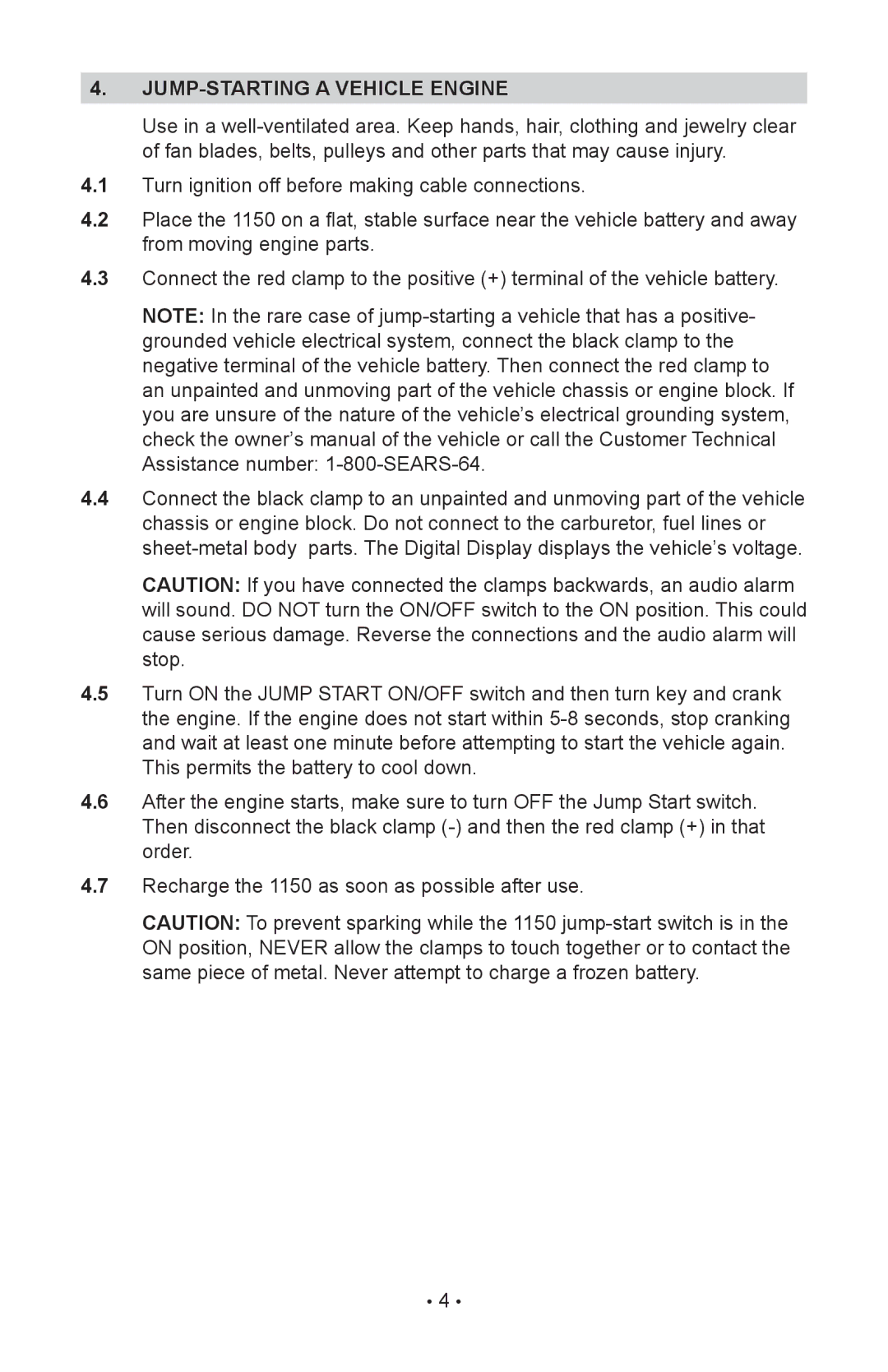 Sears 200.71988 manual Jump-starting a vehicle engine 