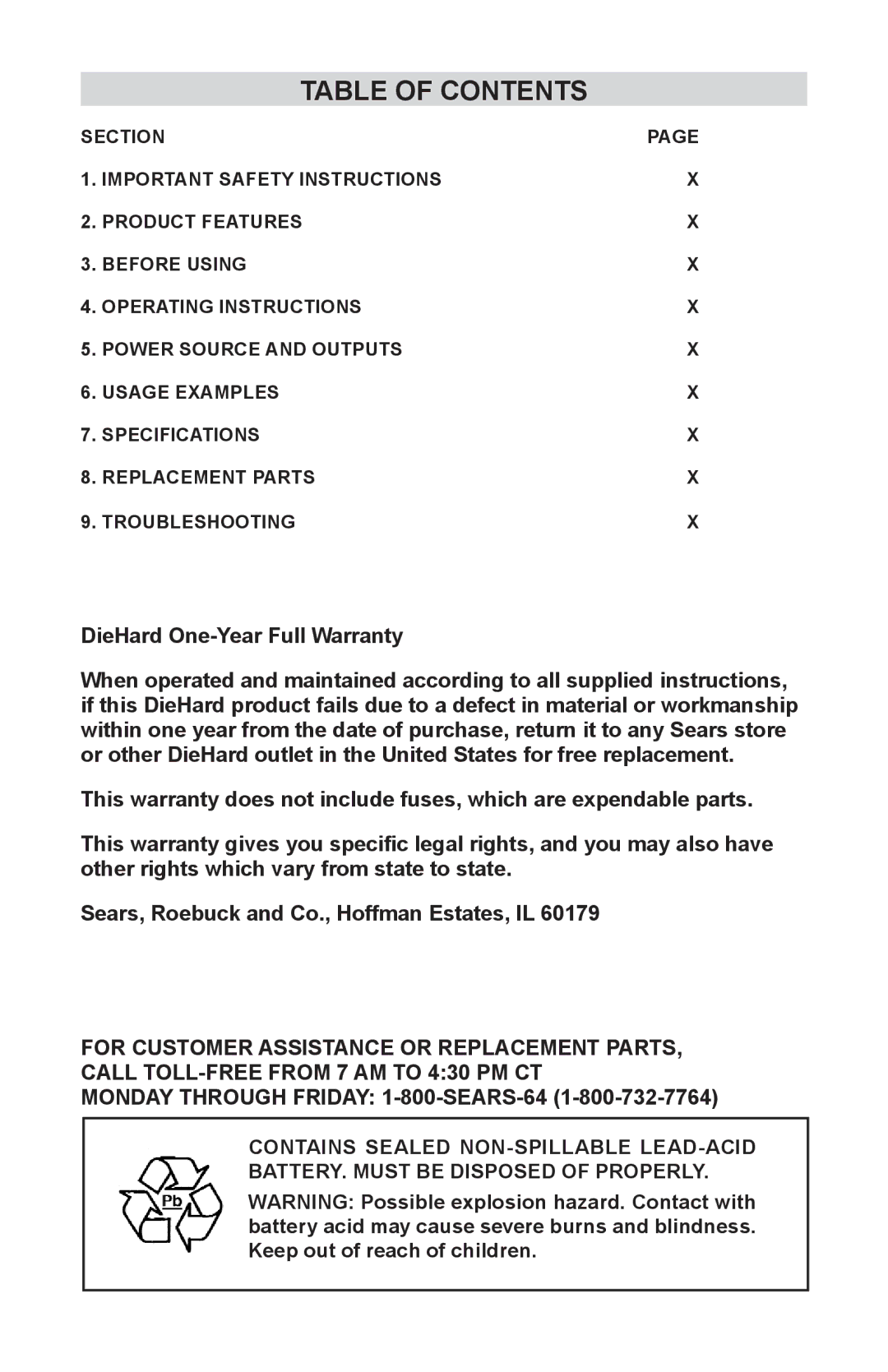 Sears 200.71990 manual Table of Contents 