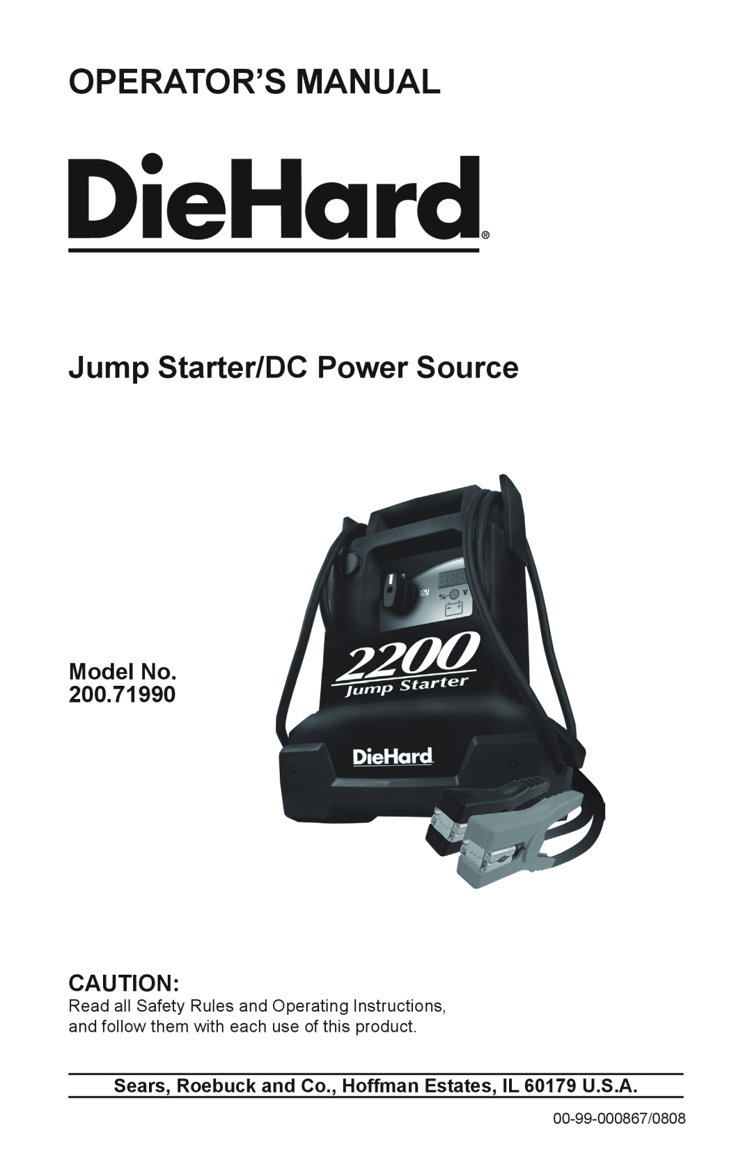 Sears 200.71990 manual Model No, Operator’S Manual, Jump Starter/DC Power Source 