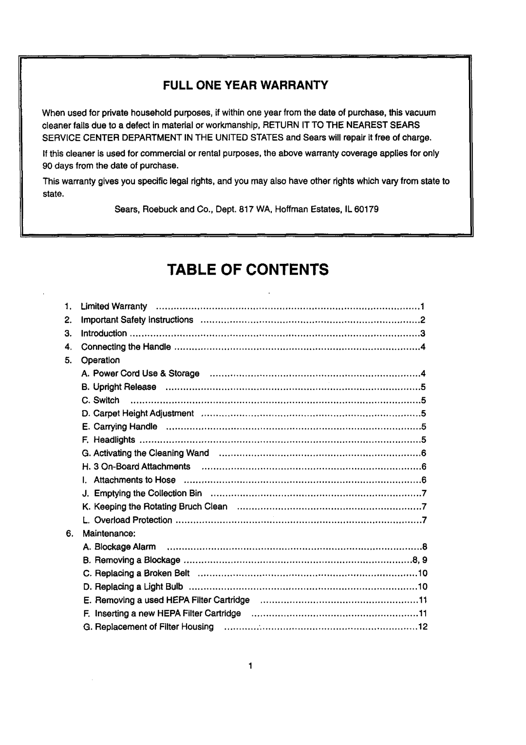 Sears 204.3699969 owner manual Table of Contents 