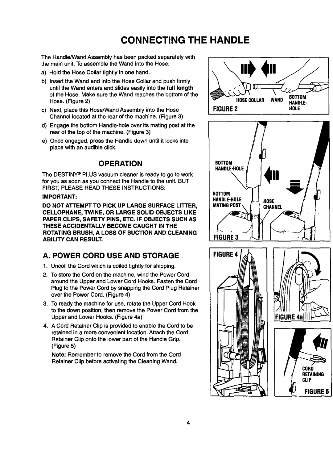 Sears 204.3699969 owner manual Connecting the Handle, Power Cord USE and Storage, Operation 