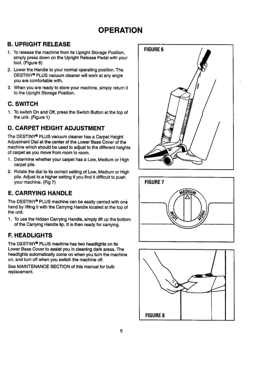 Sears 204.3699969 owner manual Operation, Upright Release, Switch, Carrying Handle, Headlights 