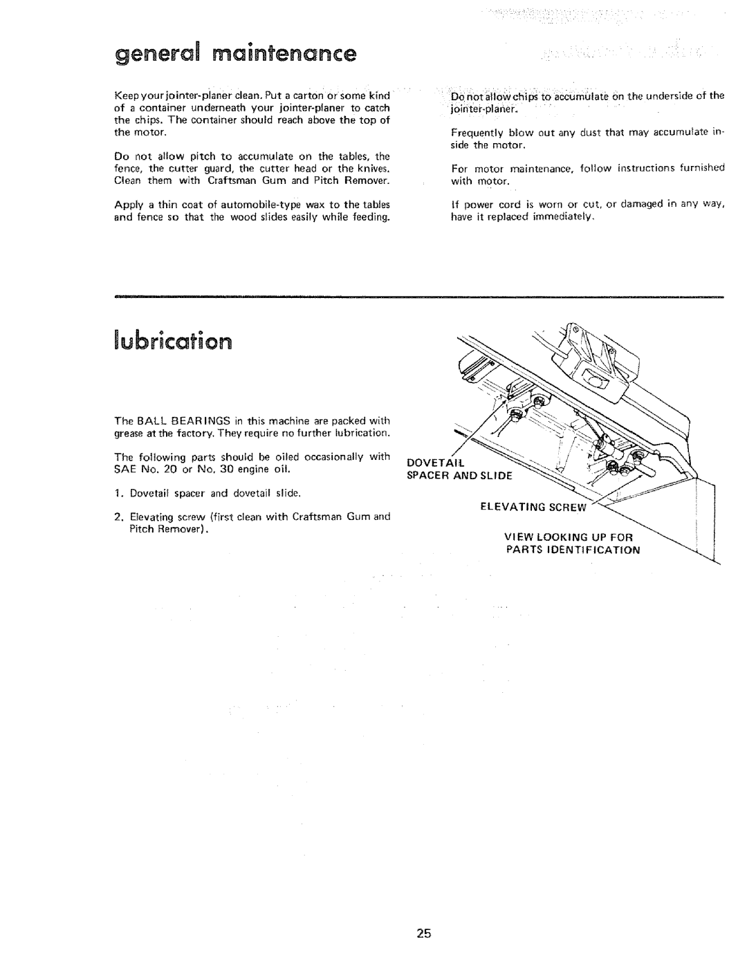 Sears 113.206931, 206801 manual Dovetail, Spacer and Slide, Elevating Screw View Looking UP for Parts Identification 