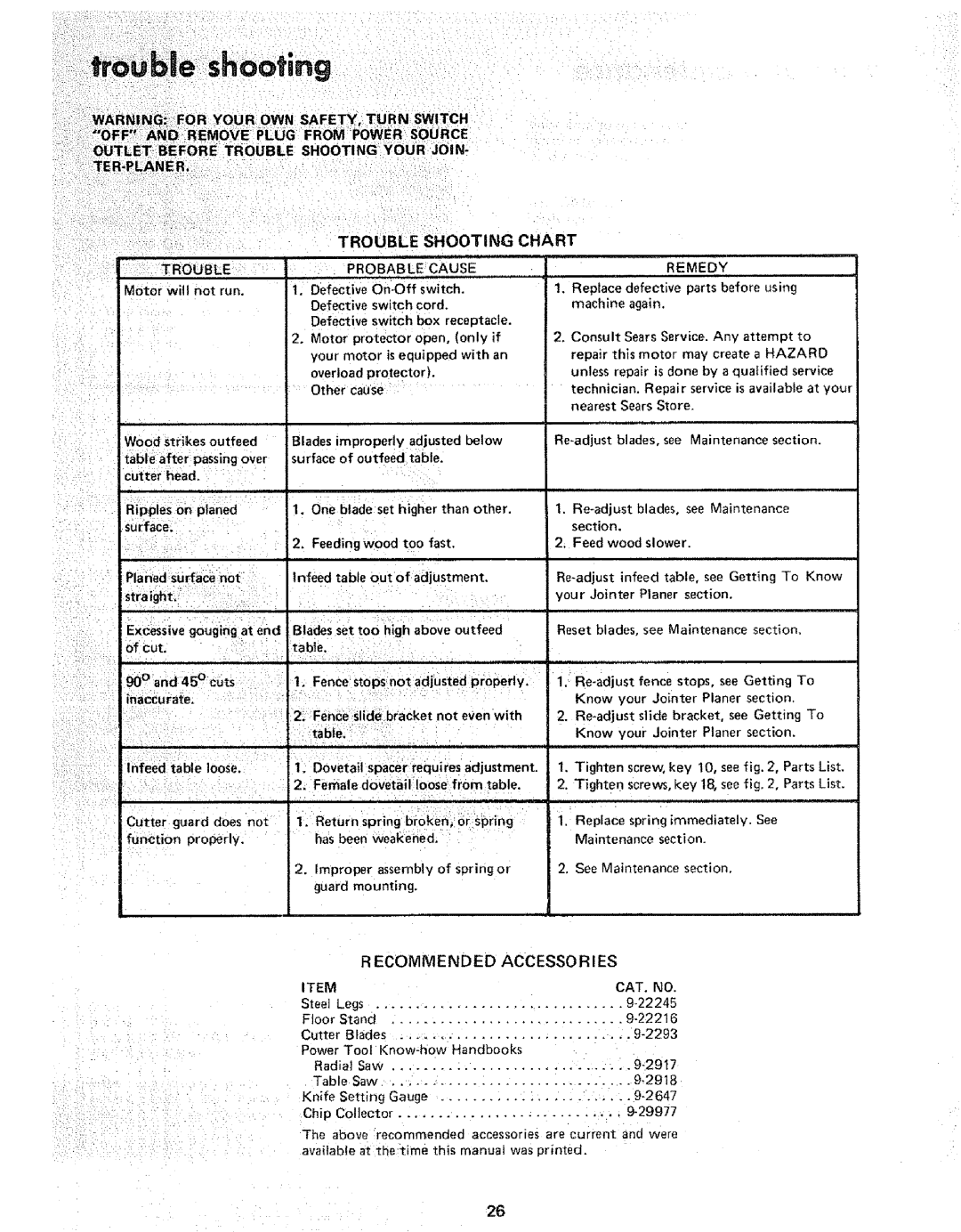 Sears 206801, 113.206931 manual Trouble, Shooting, Chart, Recommended Accessories 