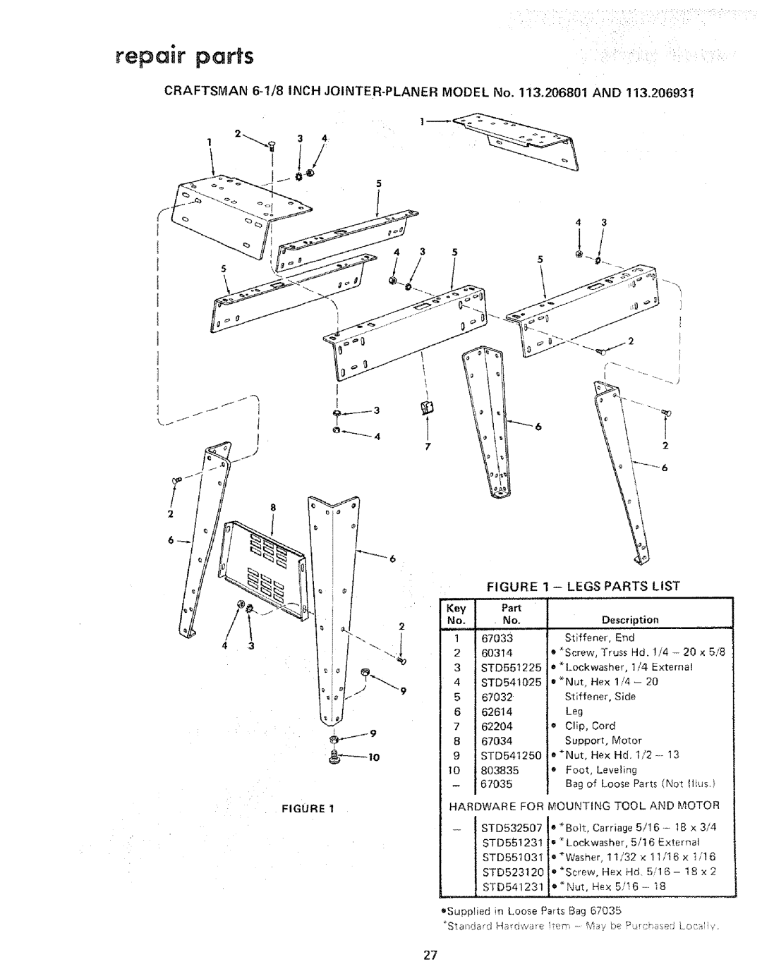 Sears 113.206931 manual Craftsman 6-1/8iNCH JOINTER-PLANER Model No .206801, Hardware for Mounting Tool and Motor 