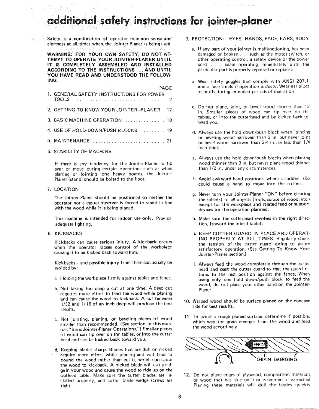 Sears 206801, 113.206931 manual Ing, Getting To Know Your JOINTER-PLANER, Maintenance, Kickbacks 