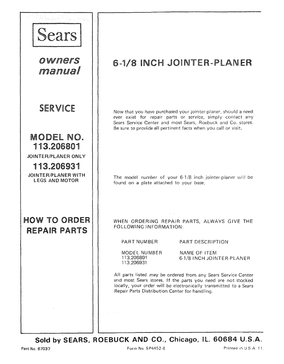 Sears 113.206931 manual JOINTER!PLANER with Legs and Motor, 113.206801, Inch JOINTER-PLANER 