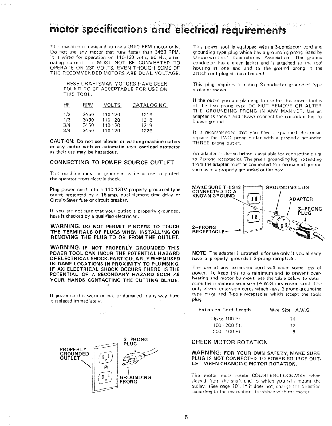 Sears 206801, 113.206931 manual Connecting to Power Source Outlet, Removing the Plug to or from the Outlet 