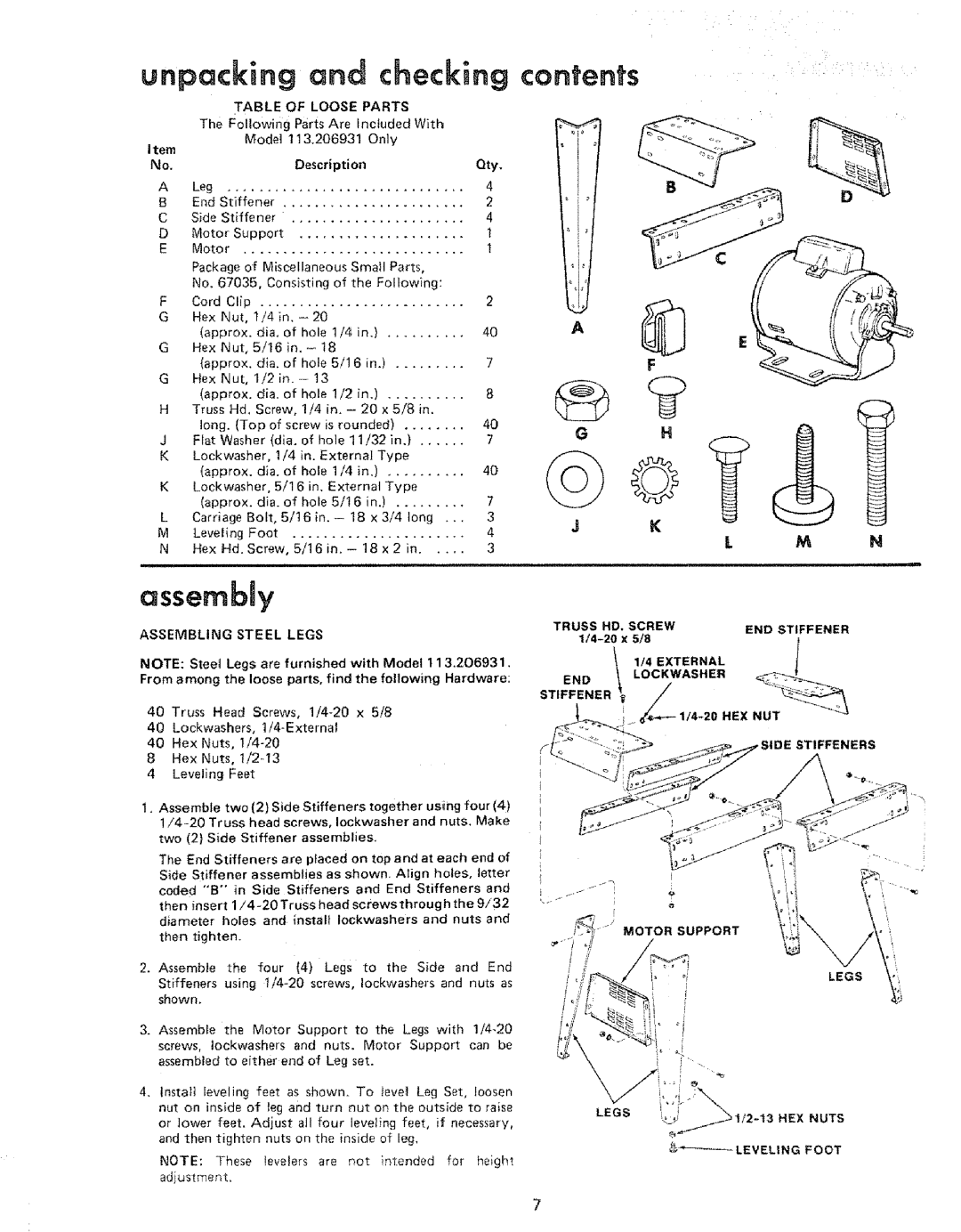 Sears 113.206931, 206801 manual Unpacking and checking contents 