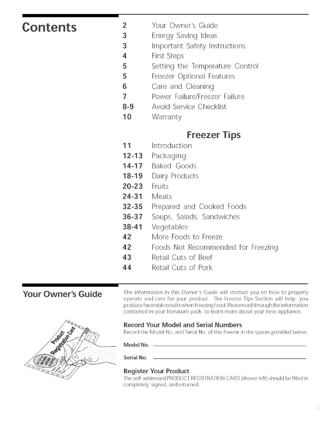 Sears 216769700 manual Your Owners Guide, Freezer Tips 