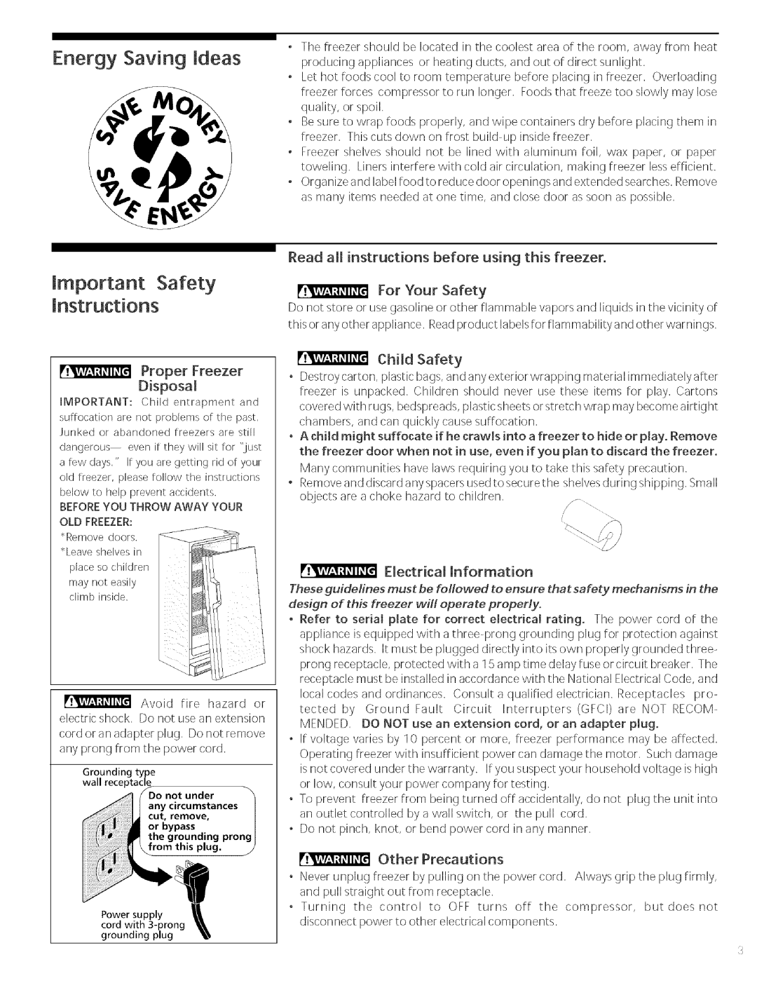 Sears 216769700 manual Energy Saving mdeas, Important Safety Instructions, Proper Freezer, Disposal, v v , ,i, Child Safety 