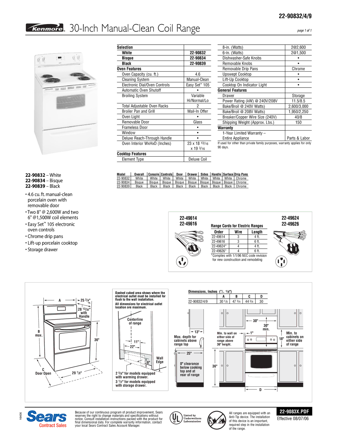 Sears 22-90834 specifications Selection White, Bisque, Black, Oven Features, Cooktop Features, General Features, Warranty 