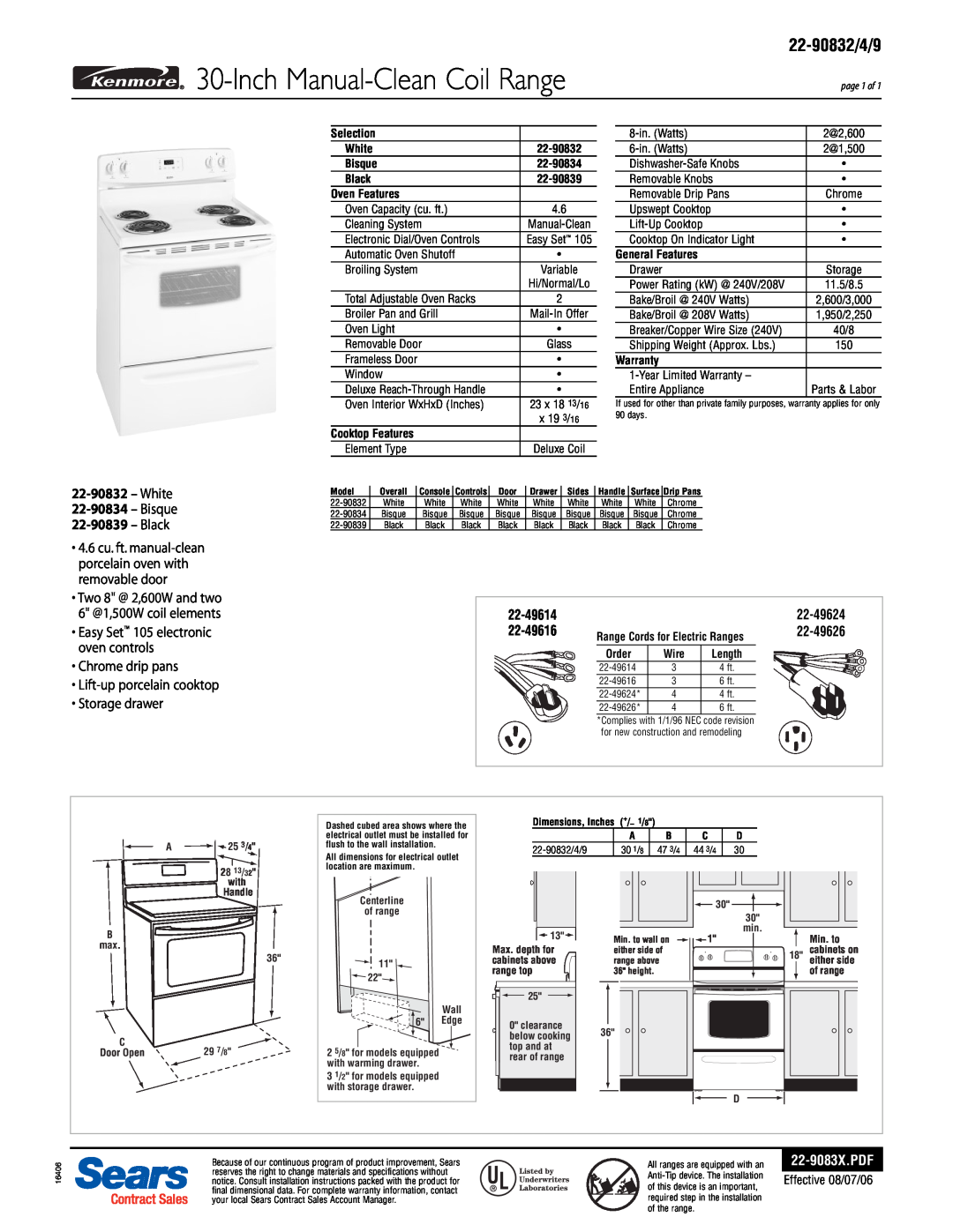 Sears specifications Inch Manual-Clean Coil Range, 22-90832/4/9, White 22-90834 - Bisque 22-90839 - Black, 22-49624 