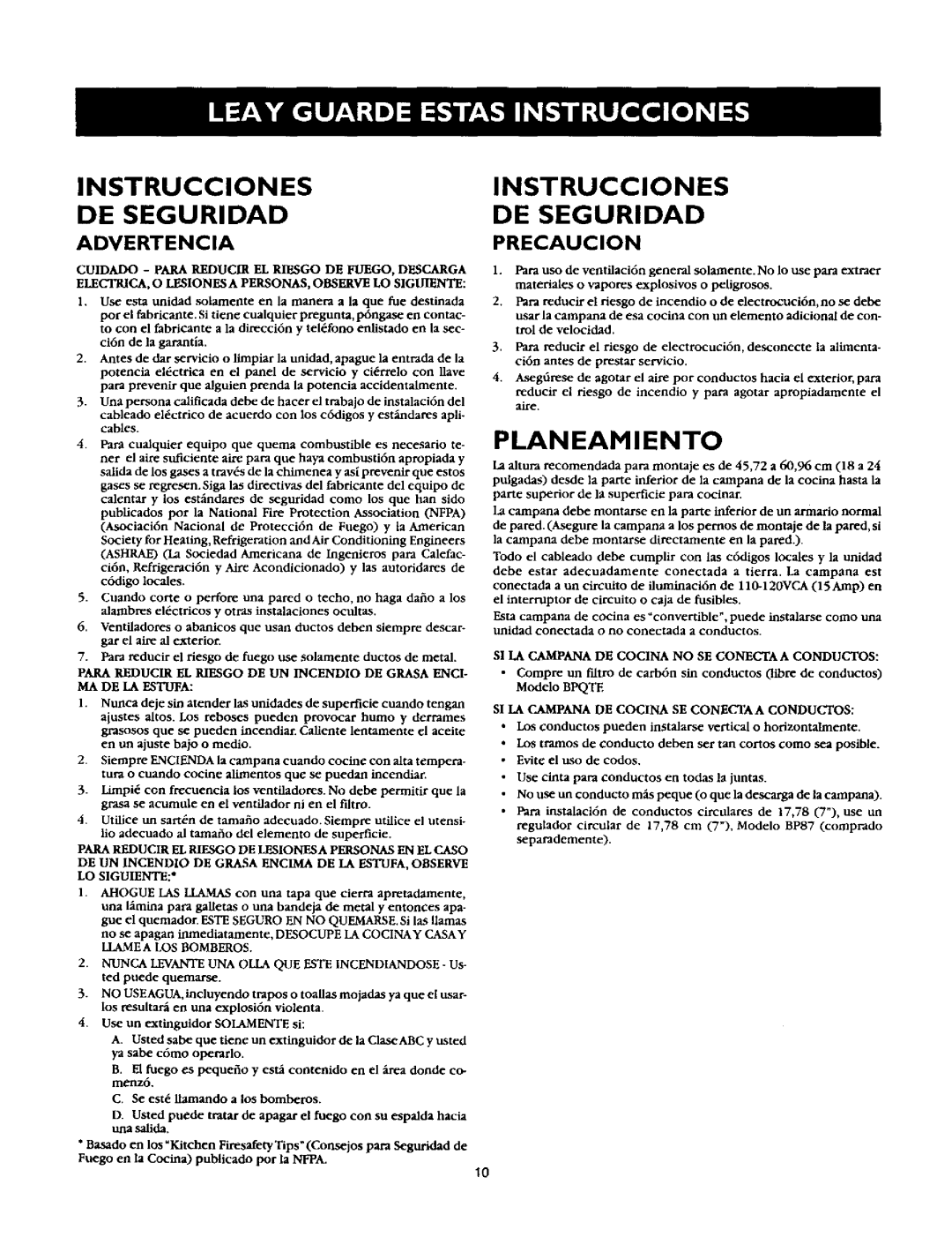 Sears 233.52053, 233.52153 Instrucciones DE Seguridad, Planeamiento, Cuidado pARA Reducir EL Riesgo DE FUEGO, Descarga 