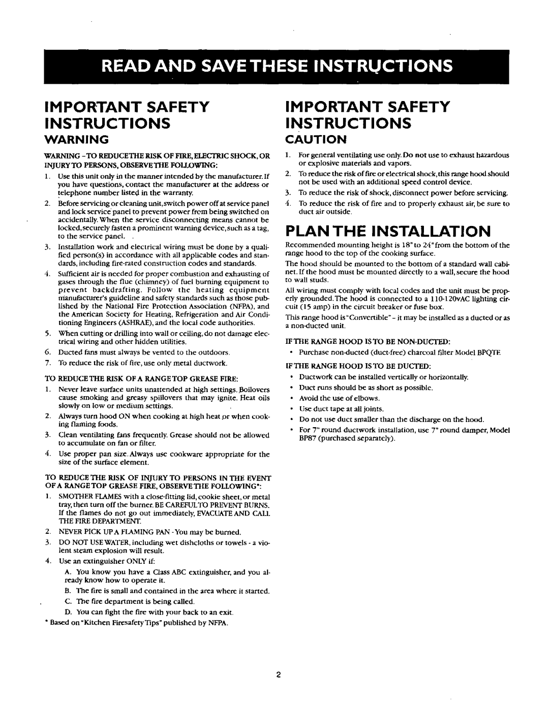 Sears 233.52053, 233.52153 Important Safety Instructions, Plan the Installation, Telephone number listed in the warranty 