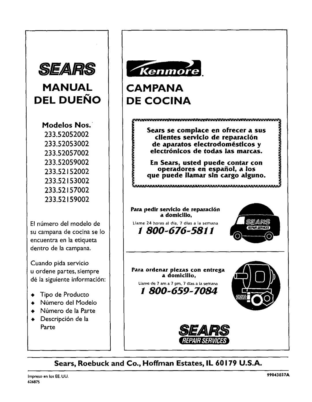 Sears 233.52153 Manual Del Duei Io, ModelosNos, Sh/Ars, Campana De Cocina, I800-676.-5811, El n mero clel modelo de 