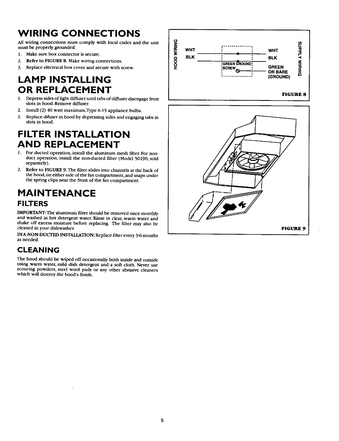 Sears 233.52057 Filter Installation And Replacement, Maintenance, Wiring Connections, Lamp Installing Or Replacement 