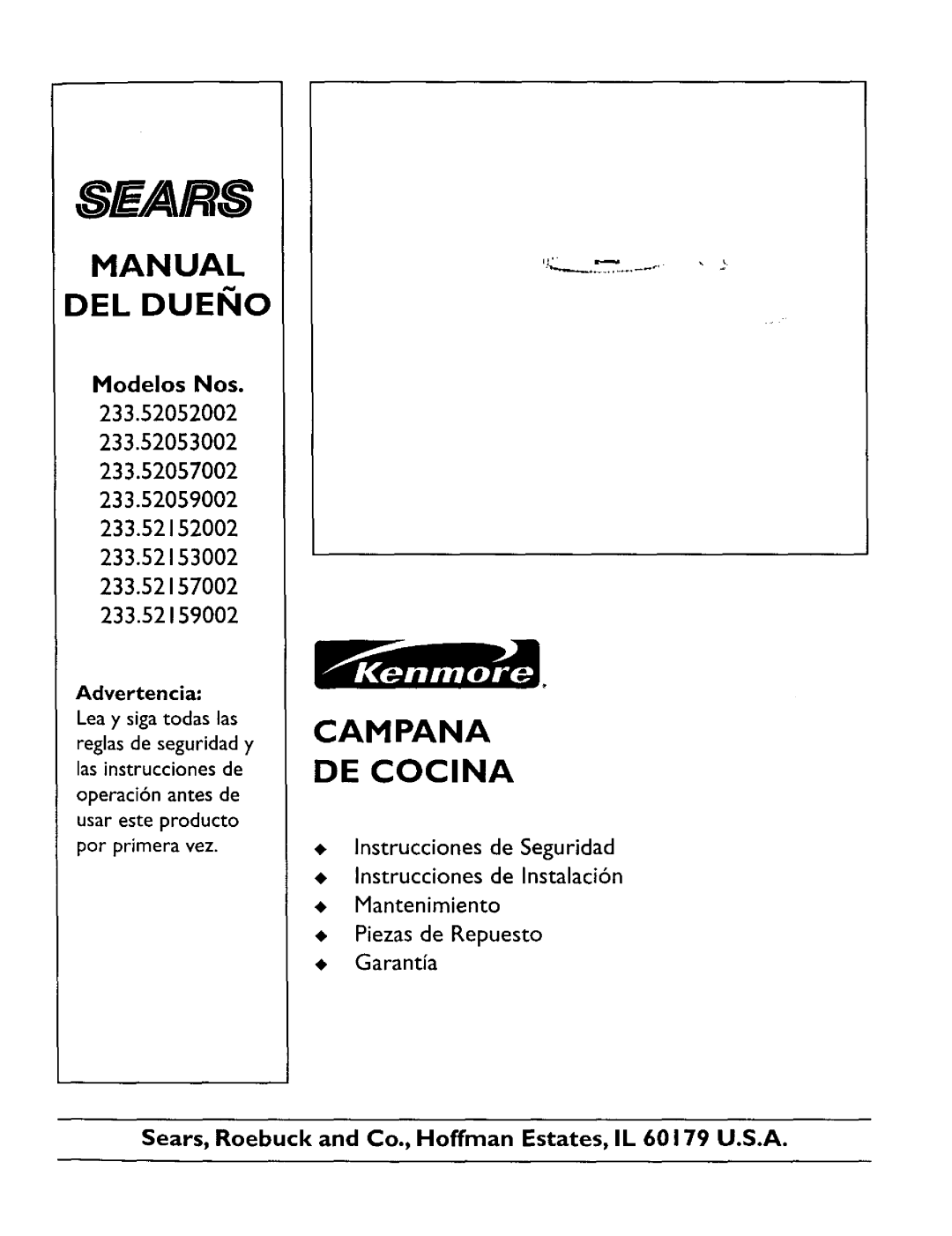 Sears 233.52059, 233.52153, 233.52053, 233.52152, 233.52157 Manual, Del Dueno, Campana De Cocina, Modelos Nos, Sears 