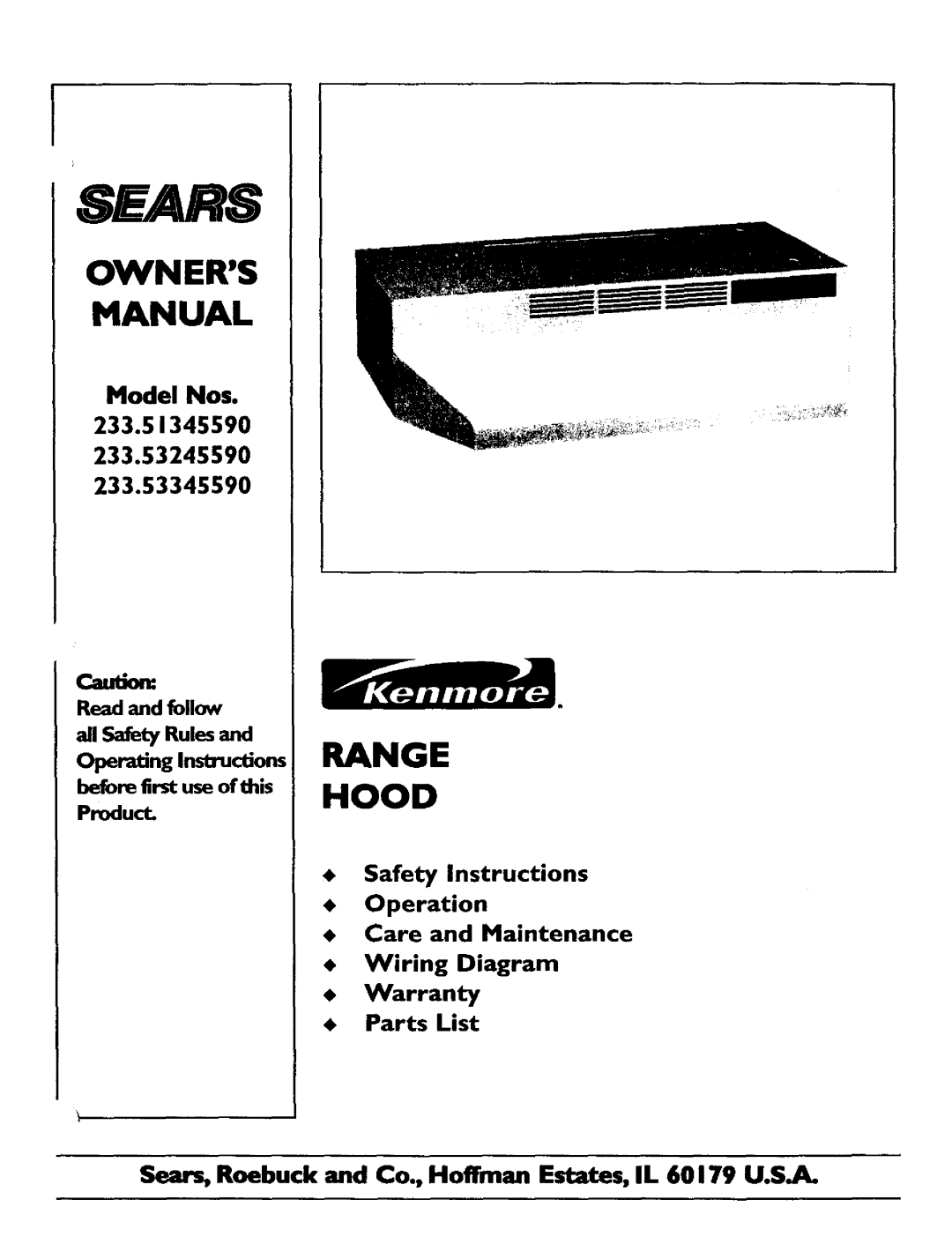 Sears 233.5134559 owner manual Range Hood, Read and follow, before first use of this Product, Sears, Model Nos, Operation 