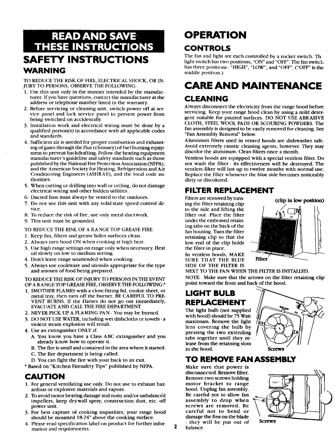 Sears 233.5324559 Safety Instructions, Operation, Filter Replacement, Light Bulb Replacement, Controls, Cleaning, Screws 