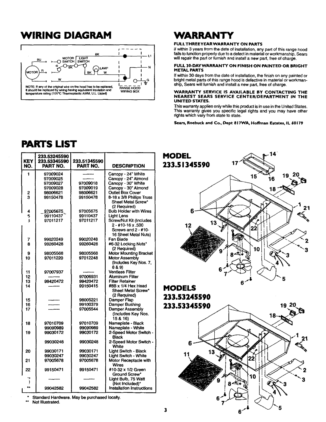 Sears 233.5334559, 233.5134559, 233.5324559 owner manual Wiring, Diagram, Warranty, Parts List, Models, 30003030 