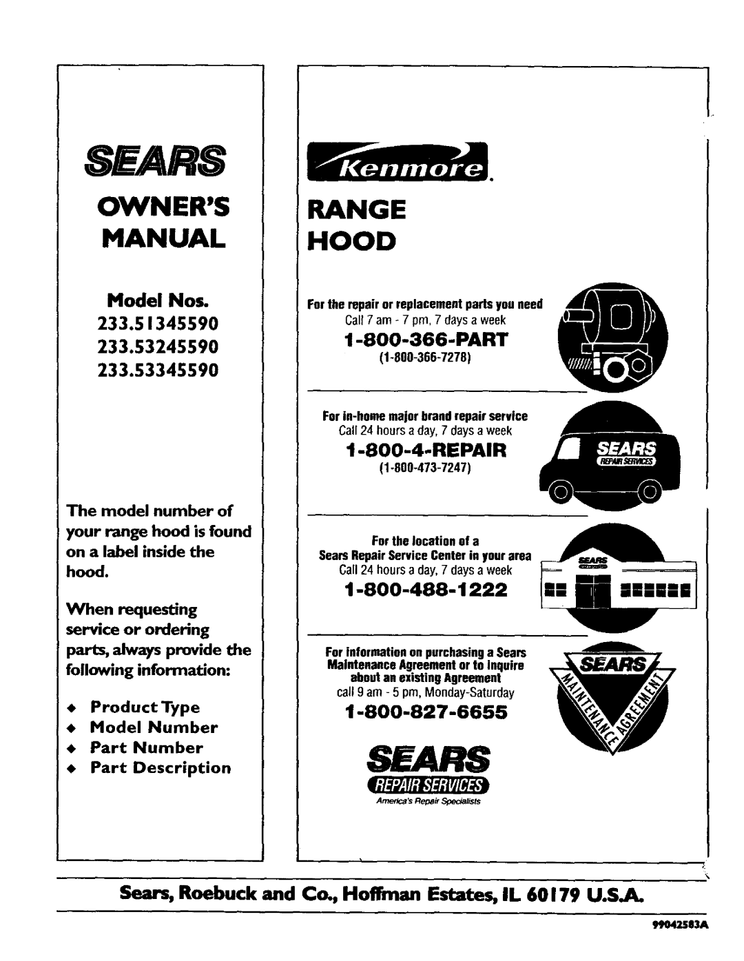 Sears 233.5134559 The model number of, Product Type Model Number Part Number, Part Description, Sears, Range Hood 
