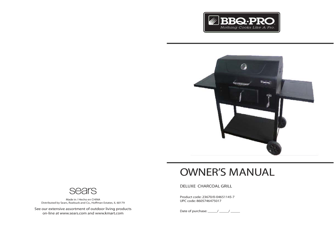 Sears 23670/0-04651145-7 owner manual Deluxe Charcoal Grill 