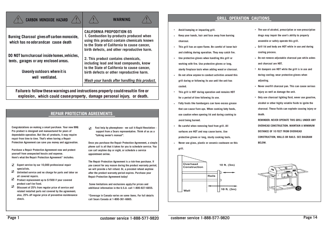 Sears 23670/0-04651145-7 owner manual Grill Operation Cautions, Repair Protection Agreements 