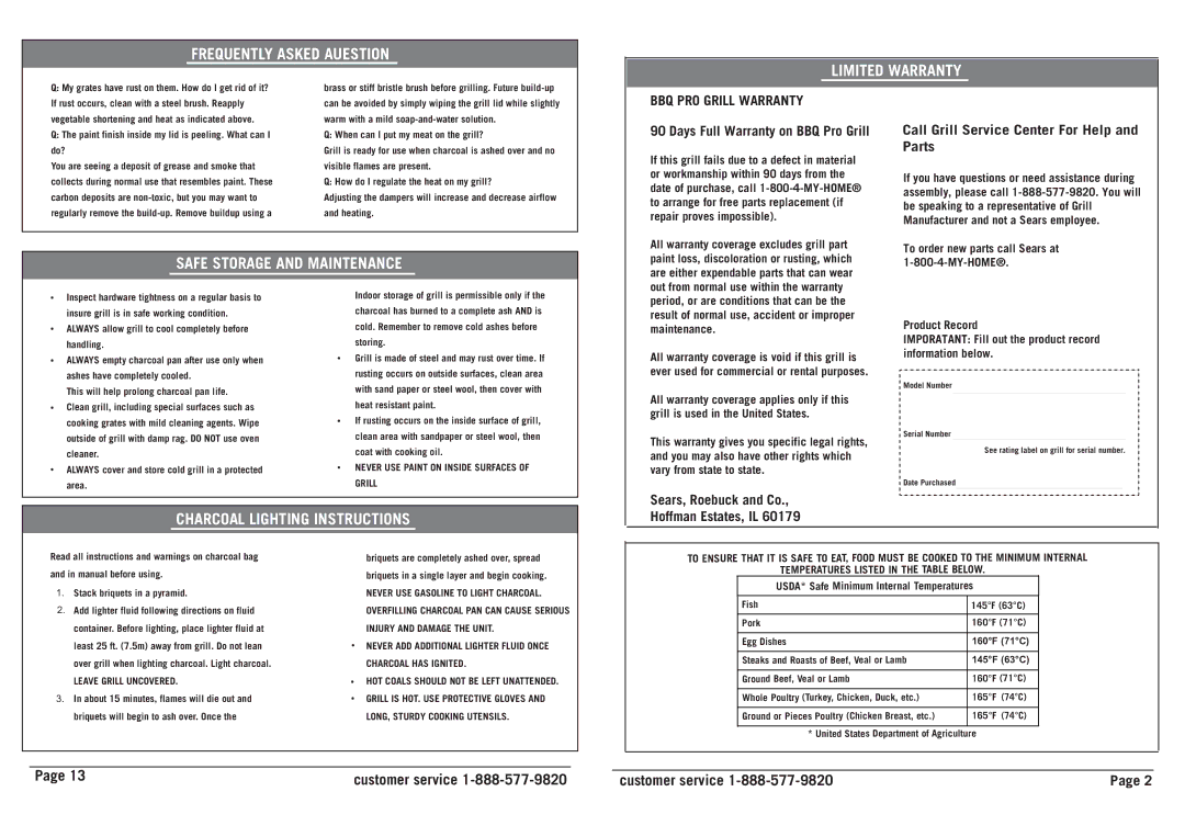 Sears 23670/0-04651145-7 owner manual Frequently Asked Auestion Limited Warranty, Safe Storage and Maintenance 