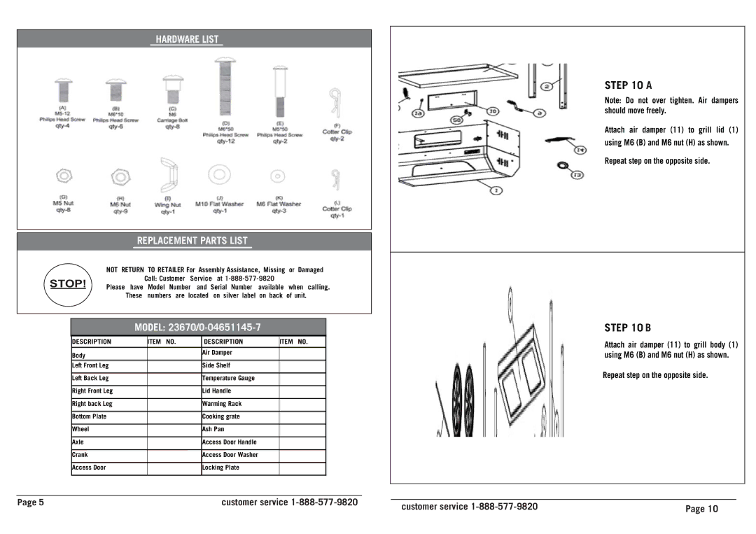 Sears 23670/0-04651145-7 owner manual Replacement Parts List, Description Item no 