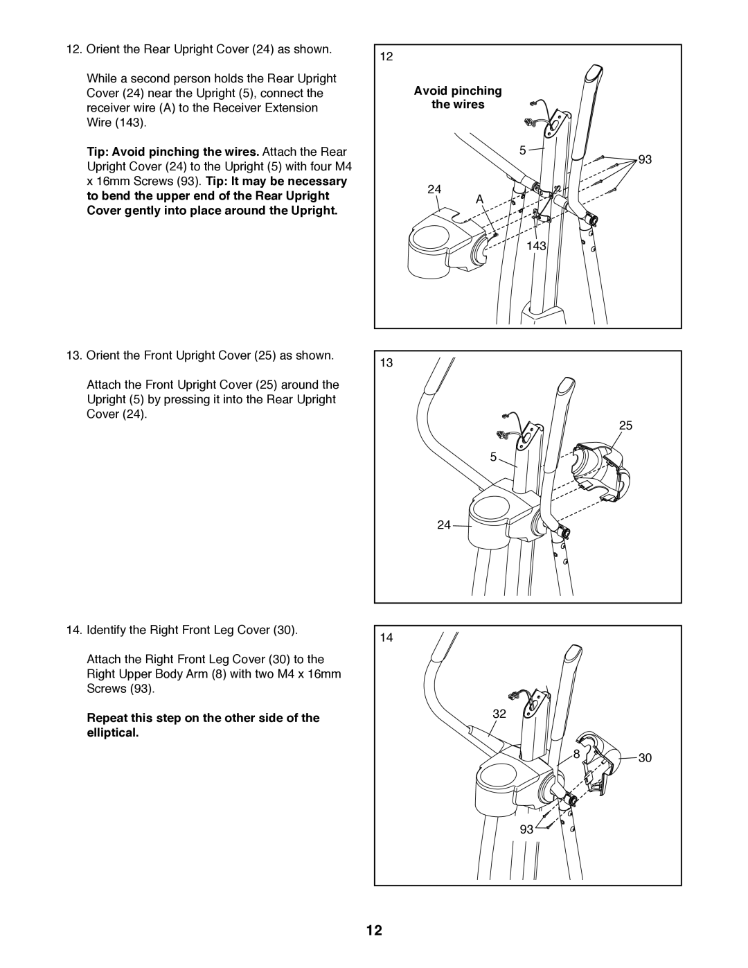 Sears 23897 user manual Wires, Tip Avoid pinching the wires. Attach the Rear, Repeat this step on the other side Elliptical 