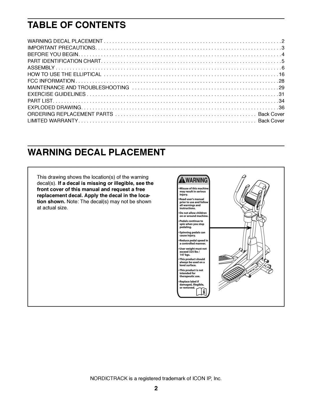 Sears 23897 user manual Table of Contents 