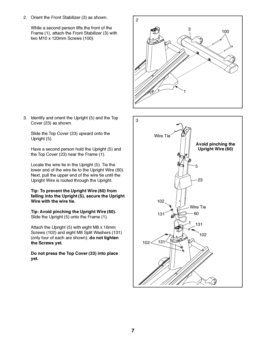 Sears 23897 user manual Wire with the wire tie Tip Avoid pinching the Upright Wire 