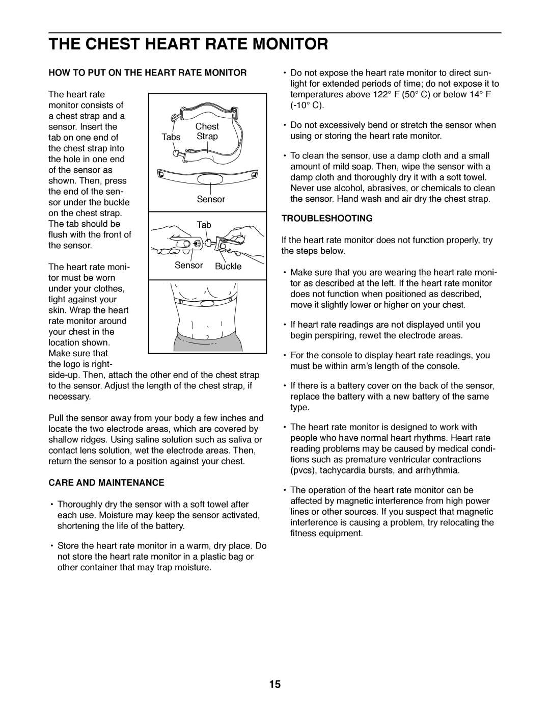 Sears 23949 Chest Heart Rate Monitor, HOW to PUT on the Heart Rate Monitor, Care and Maintenance, Troubleshooting 