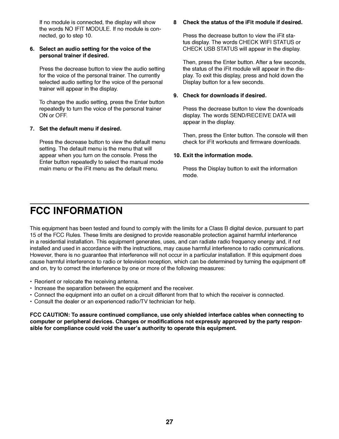 Sears 23949 user manual FCC Information, Set the default menu if desired, Check the status of the iFit module if desired 