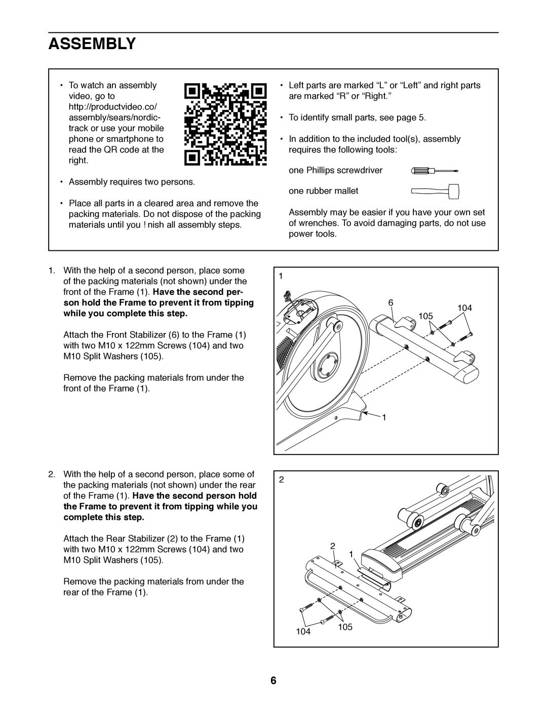 Sears 23949 user manual Assembly, Son hold the Frame to prevent it from tipping, While you complete this step 